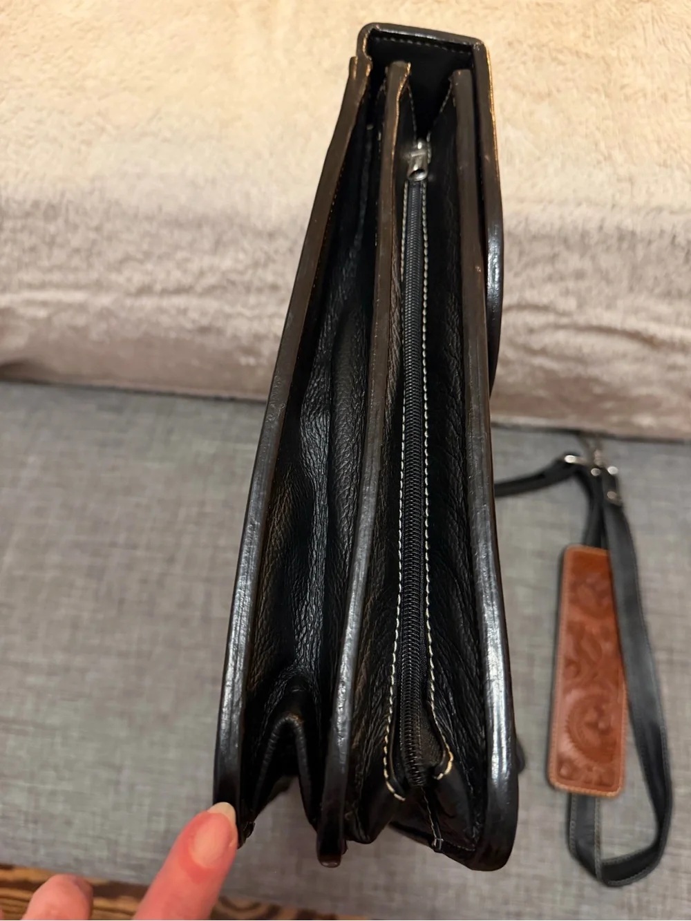 Premium Tooled Leather Crossbody Briefcase - Brown